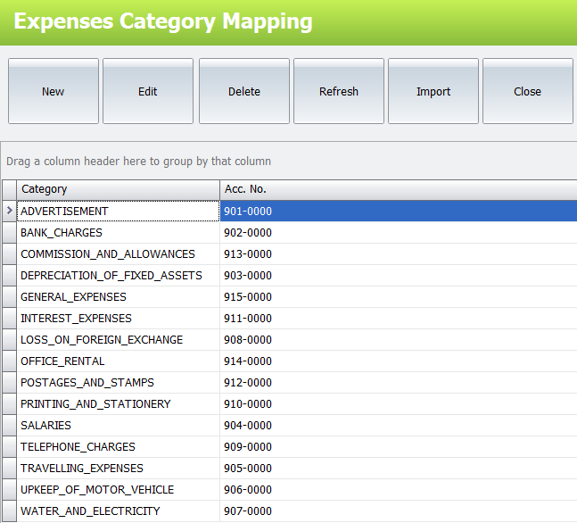 Expenses Category Mapping window listing categories and account numbers
