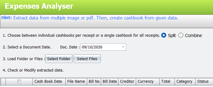 Expenses Analyser window with Split or Combine, folder and file selection, and extracted data table