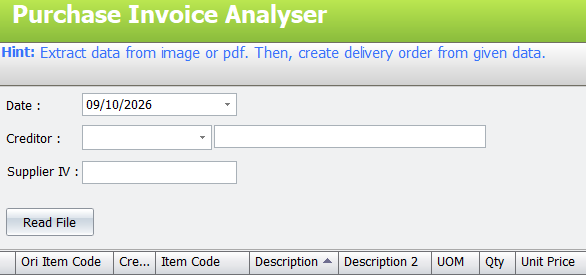 Purchase Invoice Analyser: read a file and create a delivery order with item code, UOM, quantity and unit price