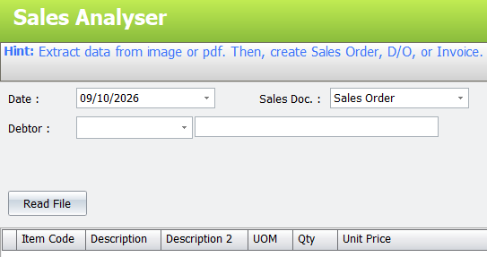 Sales Analyser: read a file and create a Sales Order, D/O or Invoice